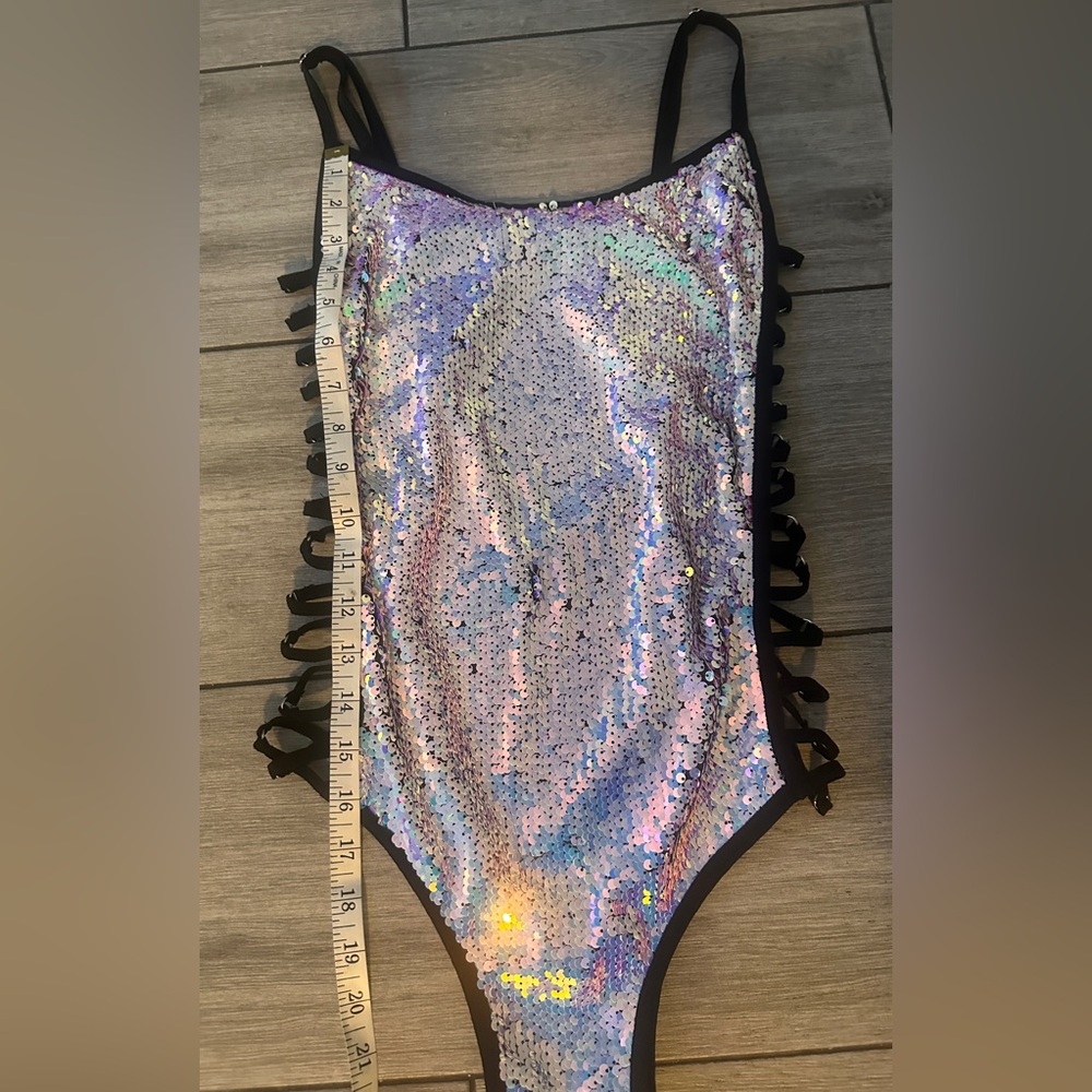 Holographic Sequin heartraves Bodysuit Festival Sparkly - Picture 9 of 9
